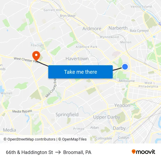 66th & Haddington St to Broomall, PA map