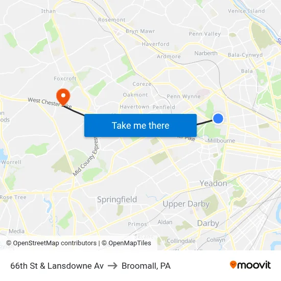 66th St & Lansdowne Av to Broomall, PA map