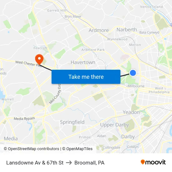 Lansdowne Av & 67th St to Broomall, PA map