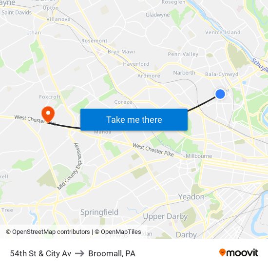 54th St & City Av to Broomall, PA map
