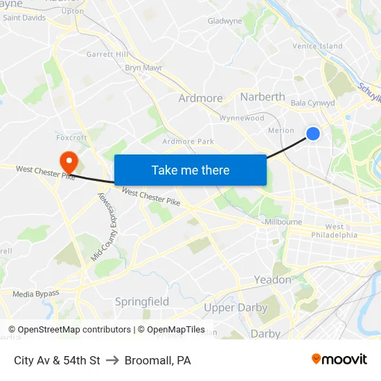 City Av & 54th St to Broomall, PA map