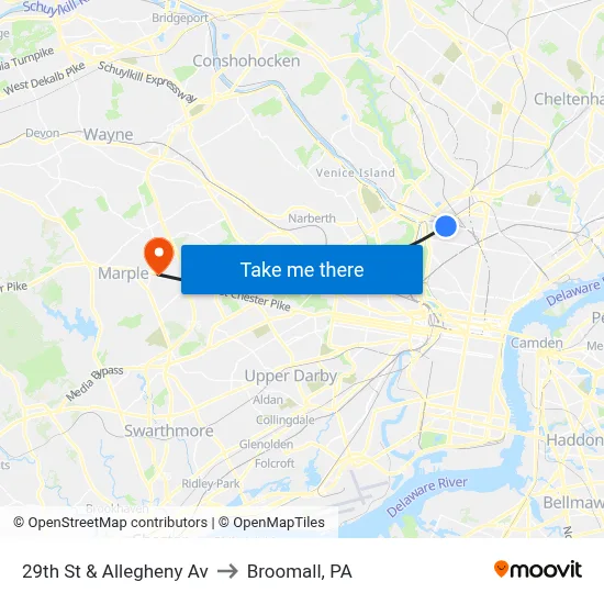 29th St & Allegheny Av to Broomall, PA map