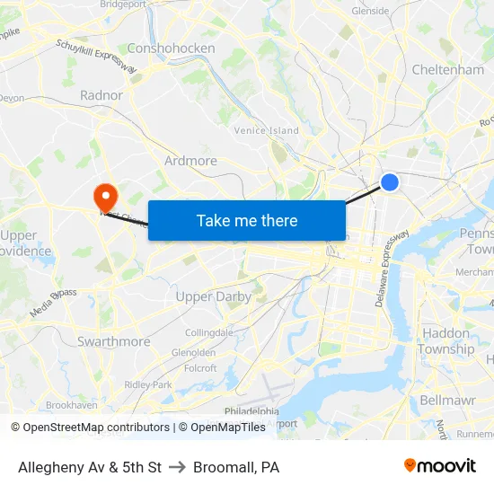 Allegheny Av & 5th St to Broomall, PA map