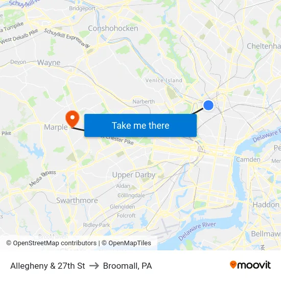Allegheny & 27th St to Broomall, PA map