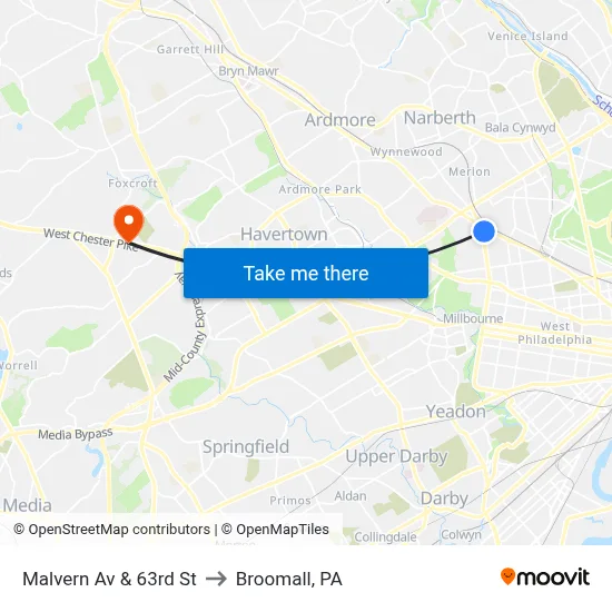 Malvern Av & 63rd St to Broomall, PA map