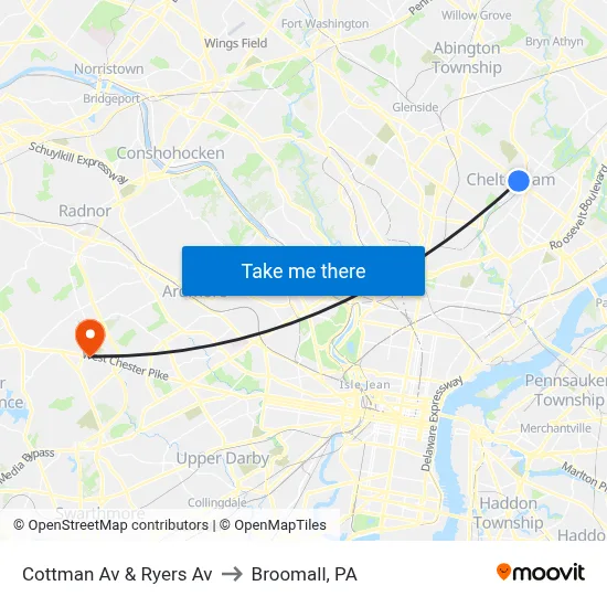 Cottman Av & Ryers Av to Broomall, PA map