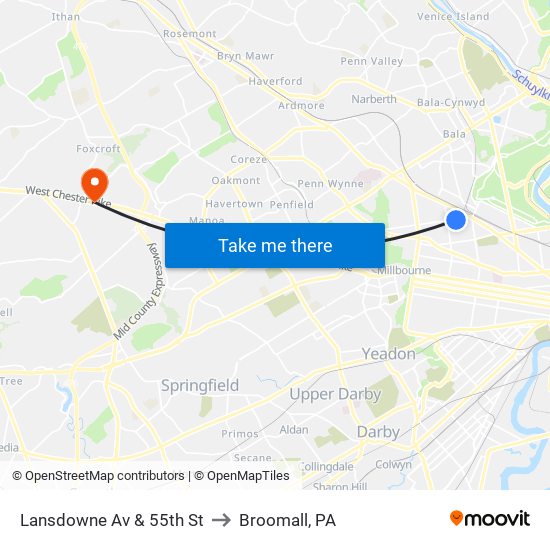 Lansdowne Av & 55th St to Broomall, PA map