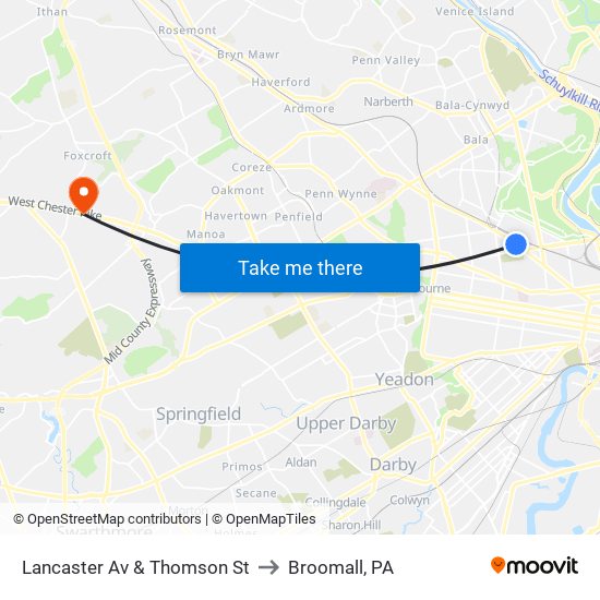 Lancaster Av & Thomson St to Broomall, PA map