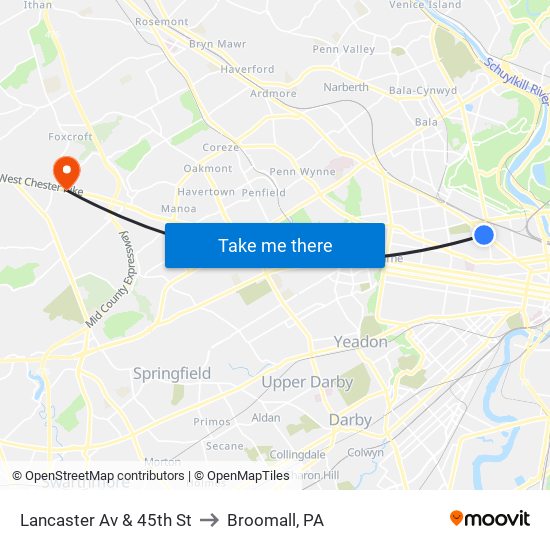 Lancaster Av & 45th St to Broomall, PA map