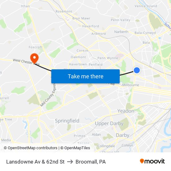Lansdowne Av & 62nd St to Broomall, PA map