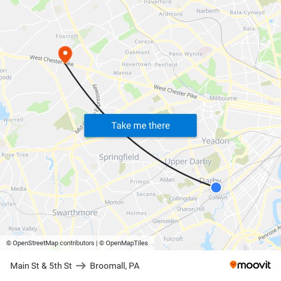 Main St & 5th St to Broomall, PA map