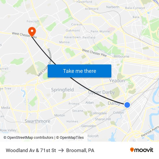 Woodland Av & 71st St to Broomall, PA map