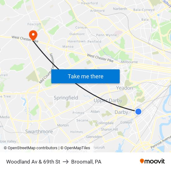 Woodland Av & 69th St to Broomall, PA map