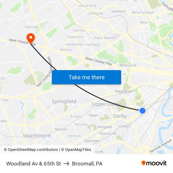 Woodland Av & 65th St to Broomall, PA map