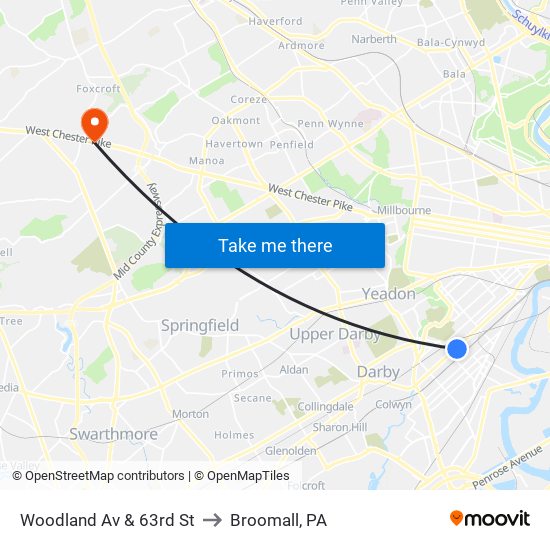 Woodland Av & 63rd St to Broomall, PA map