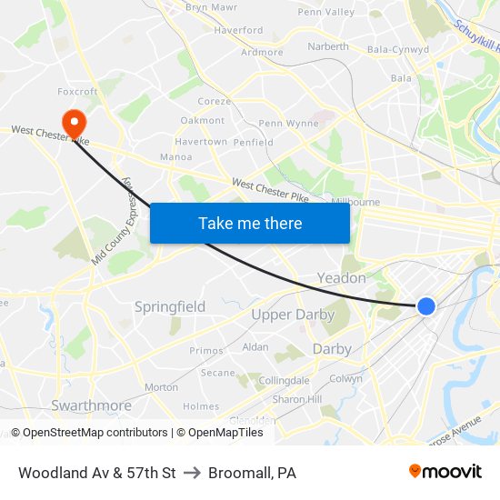 Woodland Av & 57th St to Broomall, PA map