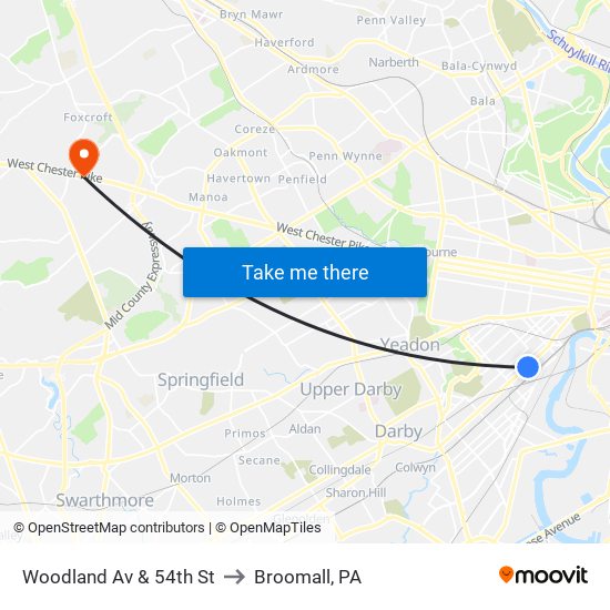 Woodland Av & 54th St to Broomall, PA map