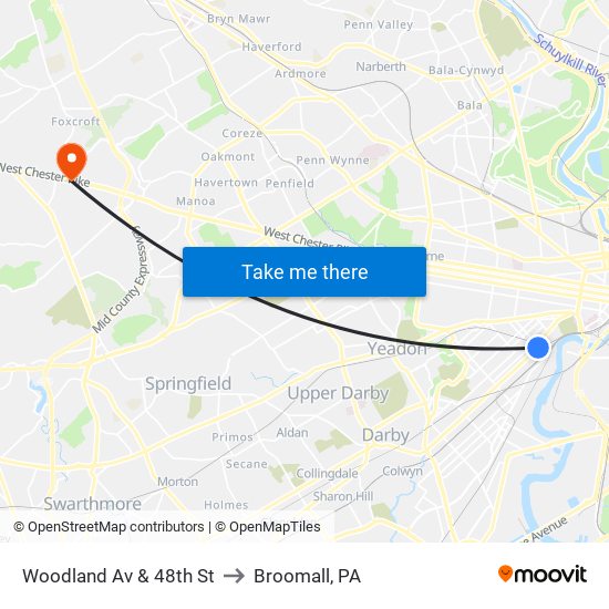 Woodland Av & 48th St to Broomall, PA map