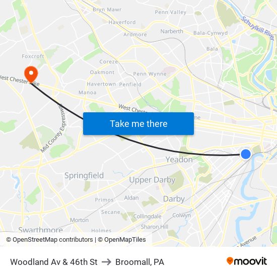 Woodland Av & 46th St to Broomall, PA map