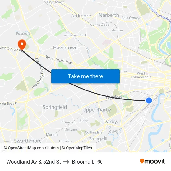 Woodland Av & 52nd St to Broomall, PA map