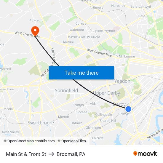 Main St & Front St to Broomall, PA map