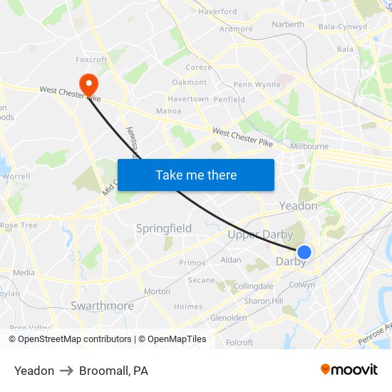 Yeadon to Broomall, PA map