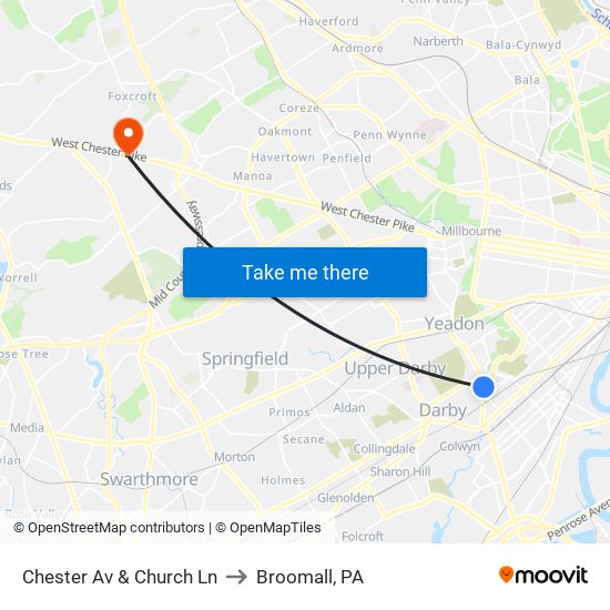Chester Av & Church Ln to Broomall, PA map