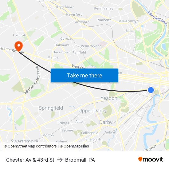 Chester Av & 43rd St to Broomall, PA map