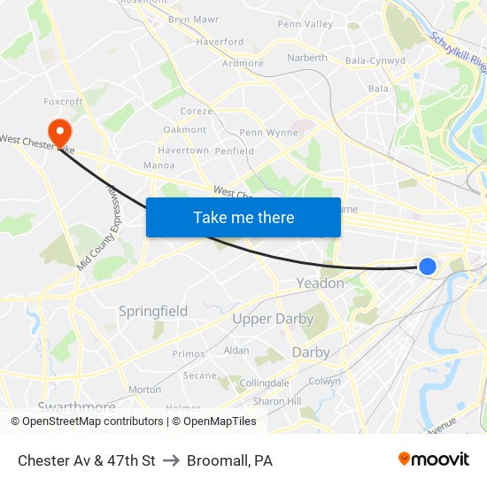 Chester Av & 47th St to Broomall, PA map