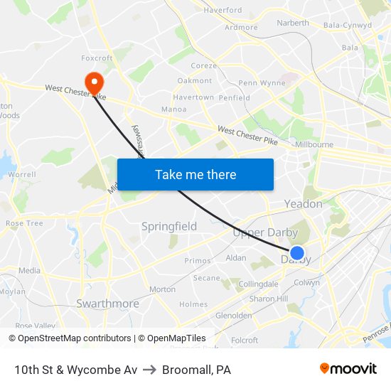 10th St & Wycombe Av to Broomall, PA map