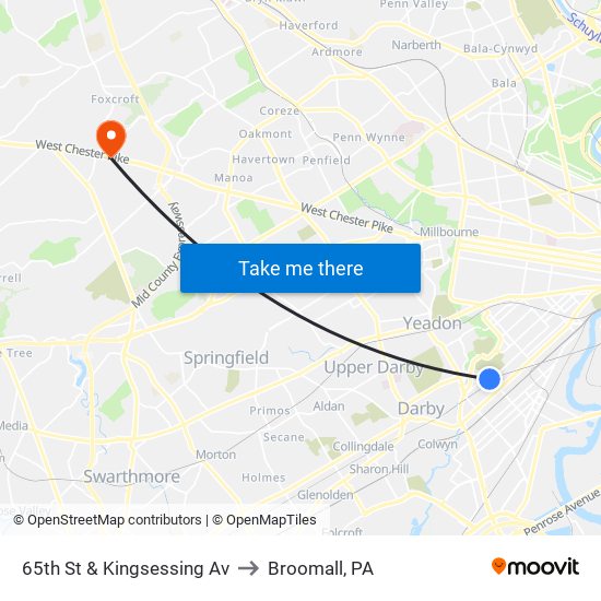 65th St & Kingsessing Av to Broomall, PA map