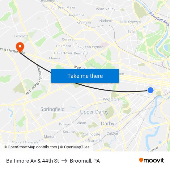 Baltimore Av & 44th St to Broomall, PA map