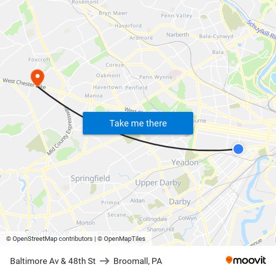 Baltimore Av & 48th St to Broomall, PA map