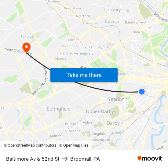 Baltimore Av & 52nd St to Broomall, PA map