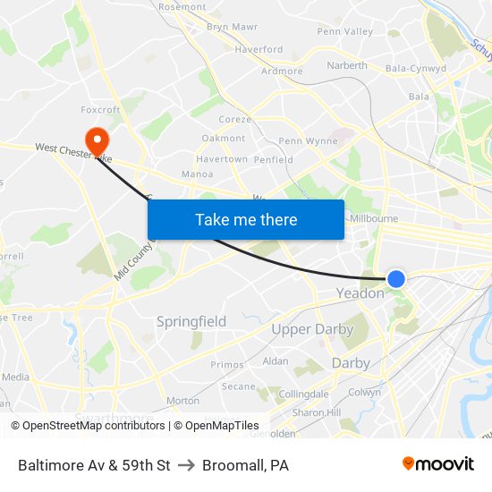 Baltimore Av & 59th St to Broomall, PA map