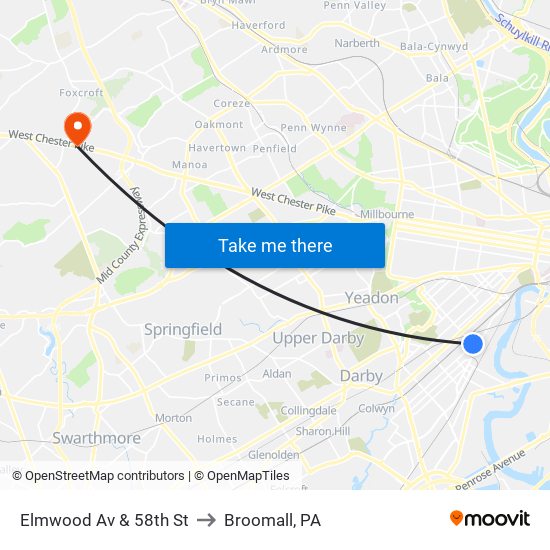 Elmwood Av & 58th St to Broomall, PA map