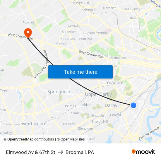 Elmwood Av & 67th St to Broomall, PA map