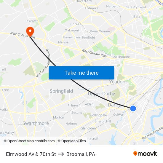 Elmwood Av & 70th St to Broomall, PA map