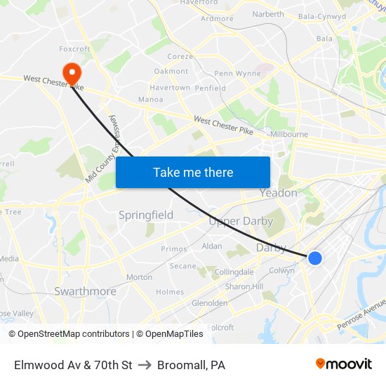 Elmwood Av & 70th St to Broomall, PA map