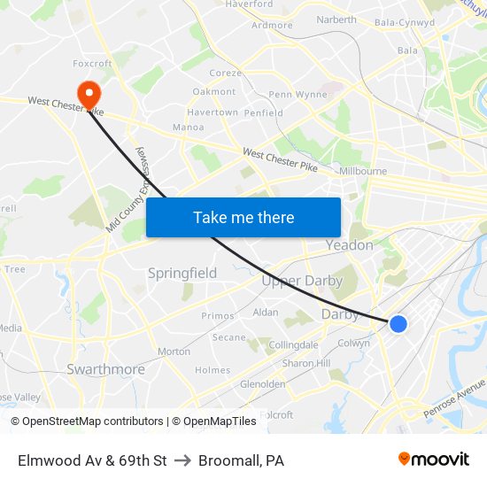 Elmwood Av & 69th St to Broomall, PA map