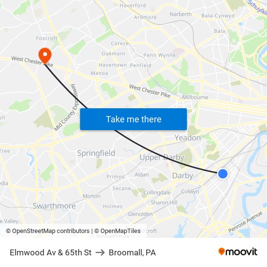Elmwood Av & 65th St to Broomall, PA map
