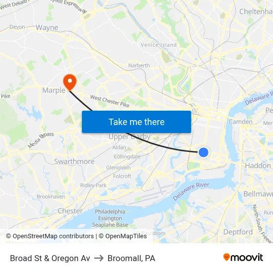 Broad St & Oregon Av to Broomall, PA map