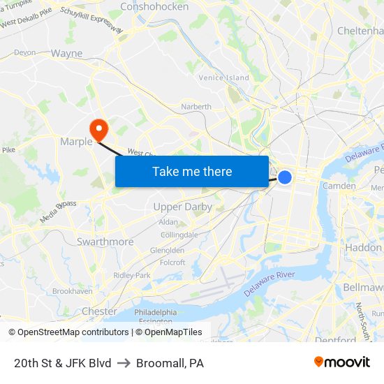20th St & JFK Blvd to Broomall, PA map