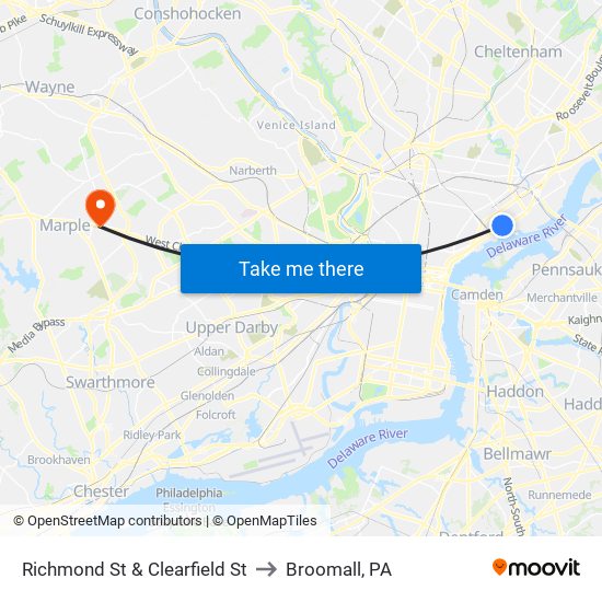 Richmond St & Clearfield St to Broomall, PA map
