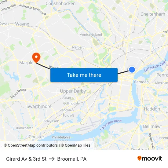 Girard Av & 3rd St to Broomall, PA map