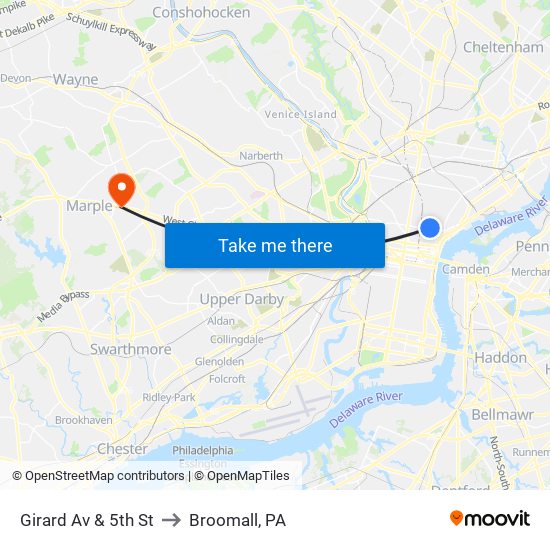 Girard Av & 5th St to Broomall, PA map