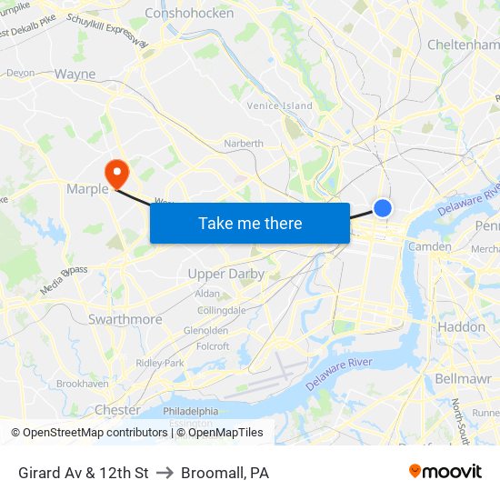 Girard Av & 12th St to Broomall, PA map