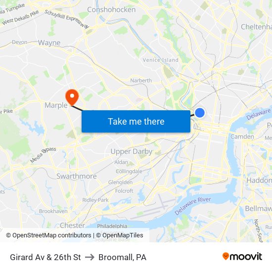Girard Av & 26th St to Broomall, PA map