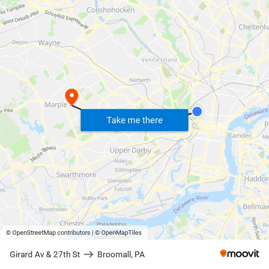 Girard Av & 27th St to Broomall, PA map