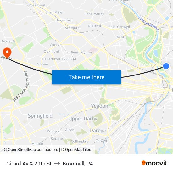 Girard Av & 29th St to Broomall, PA map
